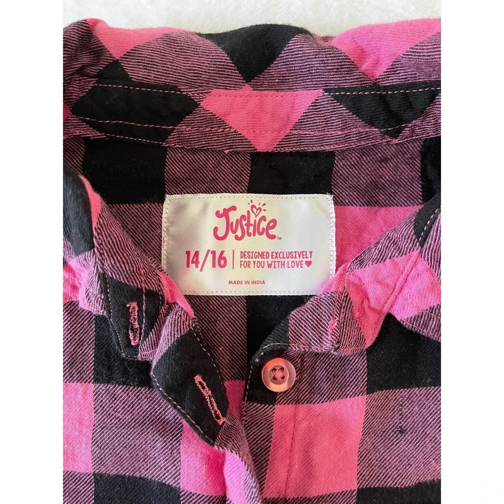 Justice Girls 14/16 Pink Black Buffalo Plaid Flannel Button Up Shirt Cotton